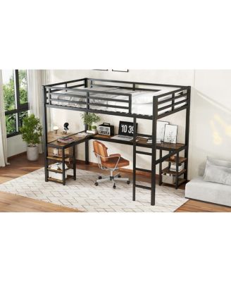 Twin XL Metal Loft Bed with Desk, Shelves, Ladder & Guardrails