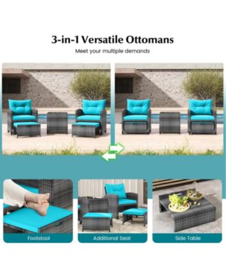 5 Piece Patio Rattan Furniture w/ 2 Ottomans & Tempered Glass Coffee Table Outdoor