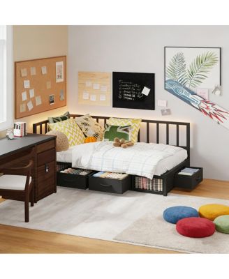 Corner Bed Frame Twin Daybed with Storage Drawers & LED Light