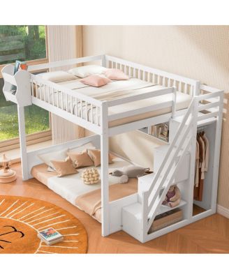 Queen Size Wooden Loft Bed with Staircase, Wardrobe & Storage