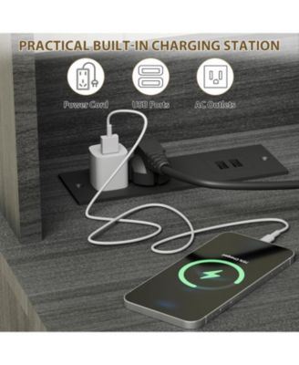 47" Farmhouse Coffee Bar Cabinet with Charging Station & Wine Racks Rustic Wood Kitchen Buffet Cabinet Wine Bar Table for Dining & Living Room