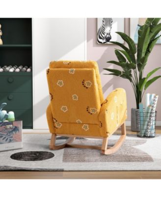 Mustard Boucle Modern Nursery Rocking Chair Mid Century Accent Armchair Side Pocket High Back Wooden Legs for Living Room Kids Bedroom