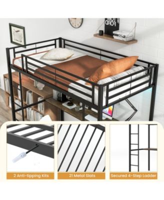 Twin Size Loft Bed Raised Platform Bed with Desk and 2 Storage Shelves