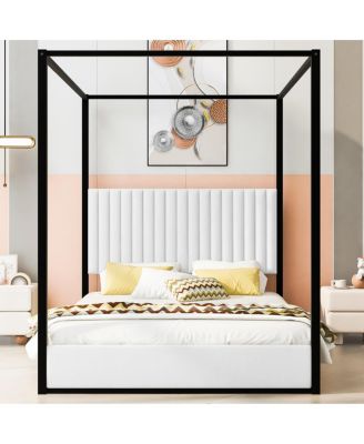 Queen Size Upholstery Canopy Platform Bed with Headboard and Metal Frame