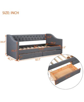Upholstered Twin Daybed with 2 Drawers, Wood Slat Support