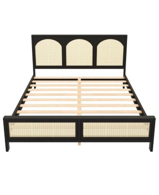 King Size Wood Platform Bed with Rattan Headboard 