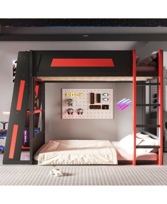 Wooden Gaming Bunk Bed with Desk, USB & LED Lights