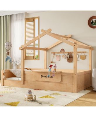 Streamdale Twin Size House Floor Bed with Guardrails, Roof, Tray & Signboard