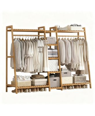 Bamboo Garment Rack with Hanging Rod and Hooks for Organized Storage