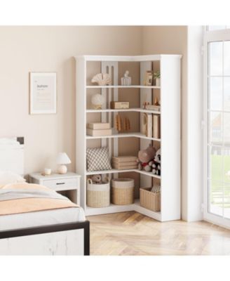 72" L-Shaped Corner Bookshelf - 5-Tier Wood Bookcase with Anti-Tip Design, Rustic Freestanding Storage Shelf for Living Room or Office