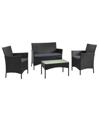 4 Piece  Outdoor Conversation Patio Set with 2 Armchairs 1 Loveseat and Tempered Glass Coffee Table for Backyard Garden Porch