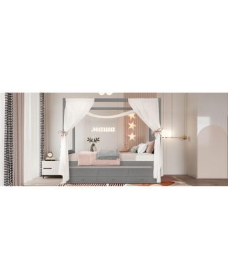 Twin Platform Bed with Upholstered Headboard, Trundle, 3 Drawers & Canopy