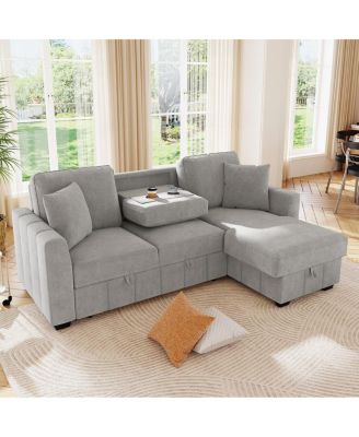 90" L-Shaped Sleeper Sofa w/ Storage Chaise & Cup Holders