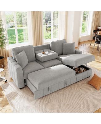 90" L-Shaped Sleeper Sofa w/ Storage Chaise & Cup Holders