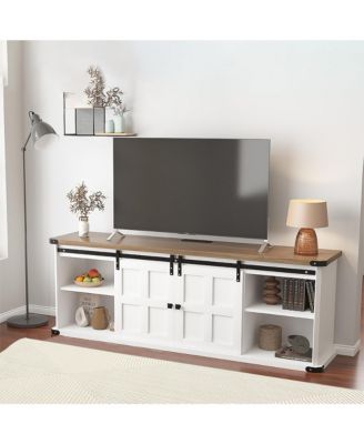 Farmhouse TV Stand for 75 Inch TV, Entertainment Center with Storage Cabinets and Sliding Barn Doors