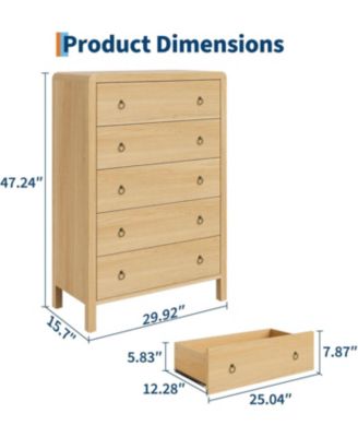 5 Drawer Tall Dresser, Oak Finish Storage Chest with Gold Ring Pulls