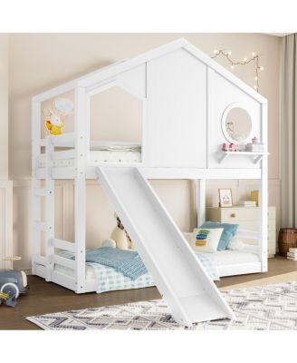 Twin House Bunk Bed with Slide & Storage Shelves, Solid Wood Loft Bed