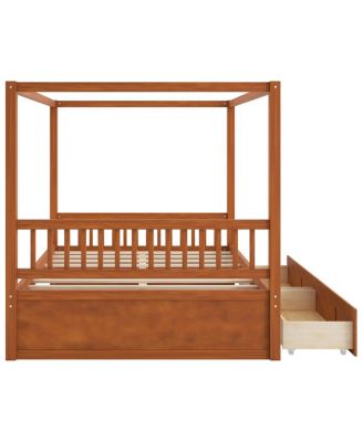 Streamdale Wooden Canopy Bed with Storage Drawers, Queen size, Walnut