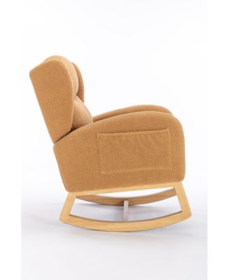 Khaki Teddy Fabric Rocking Chair with Wooden Frame Legs Built in Packet Ergonomic Backrest 300 LBS Capacity for Living Room Bedroom
