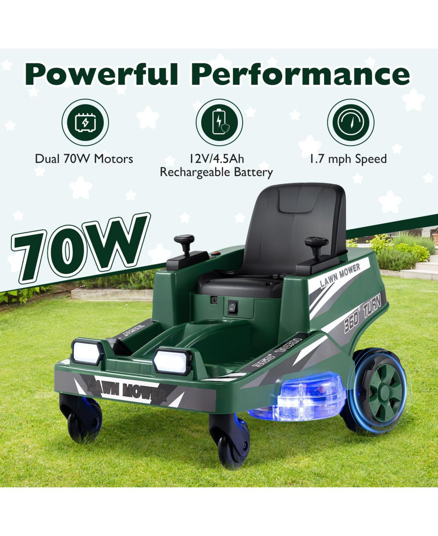 Детская игрушка Mecale 12V LED Lights 360-Degree Spin Ride-On Lawn Mower, Ages 3+, цвет: Зелёный — фото 9