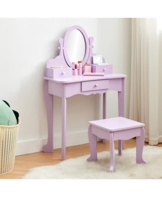 Kids Vanity Set with Adjustable Mirror & Stool,Wooden Toddler Vanity Set with Drawers,Pretend Makeup Dressing Table for Little Girls