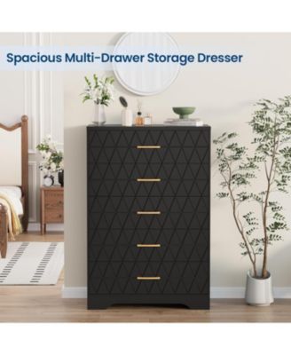 Tall Dresser for Bedroom with 5 Drawers, Wood Chest of Drawers with Gold Handles, Modern Nightstand for Bedside Closet, Wooden Storage Cabinet