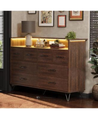 8 Drawer Bedroom Dresser with LED Lights & Charging Station, Vintage Wide Chest