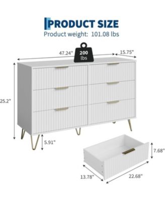 Fluted Dresser for Bedroom with 6 Drawers, Modern Chest of Wooden Bedroom Chest with Metal Handle