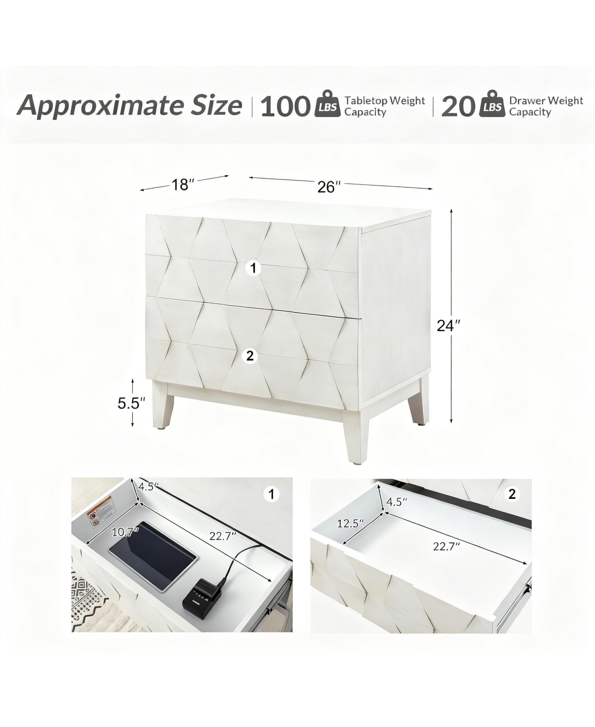 Modern 2-Drawer Side Table with Charging Station