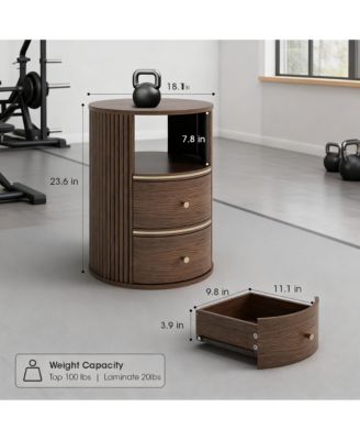 Mid-Century Walnut Fluted End Table with 2 Drawers & Open Shelf