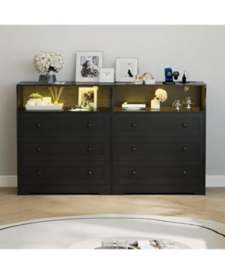 Small Wood Dresser with 3 Drawers, Wooden Dresser with Charging Station and LED Lights for Bedroom Closet Bedside Nightstand