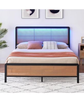 Full Size Rattan Platform Bed Frame with Led Light Headboard, Modern Style Cane Boho Bed Frames with Sturdy Steel Slat Support