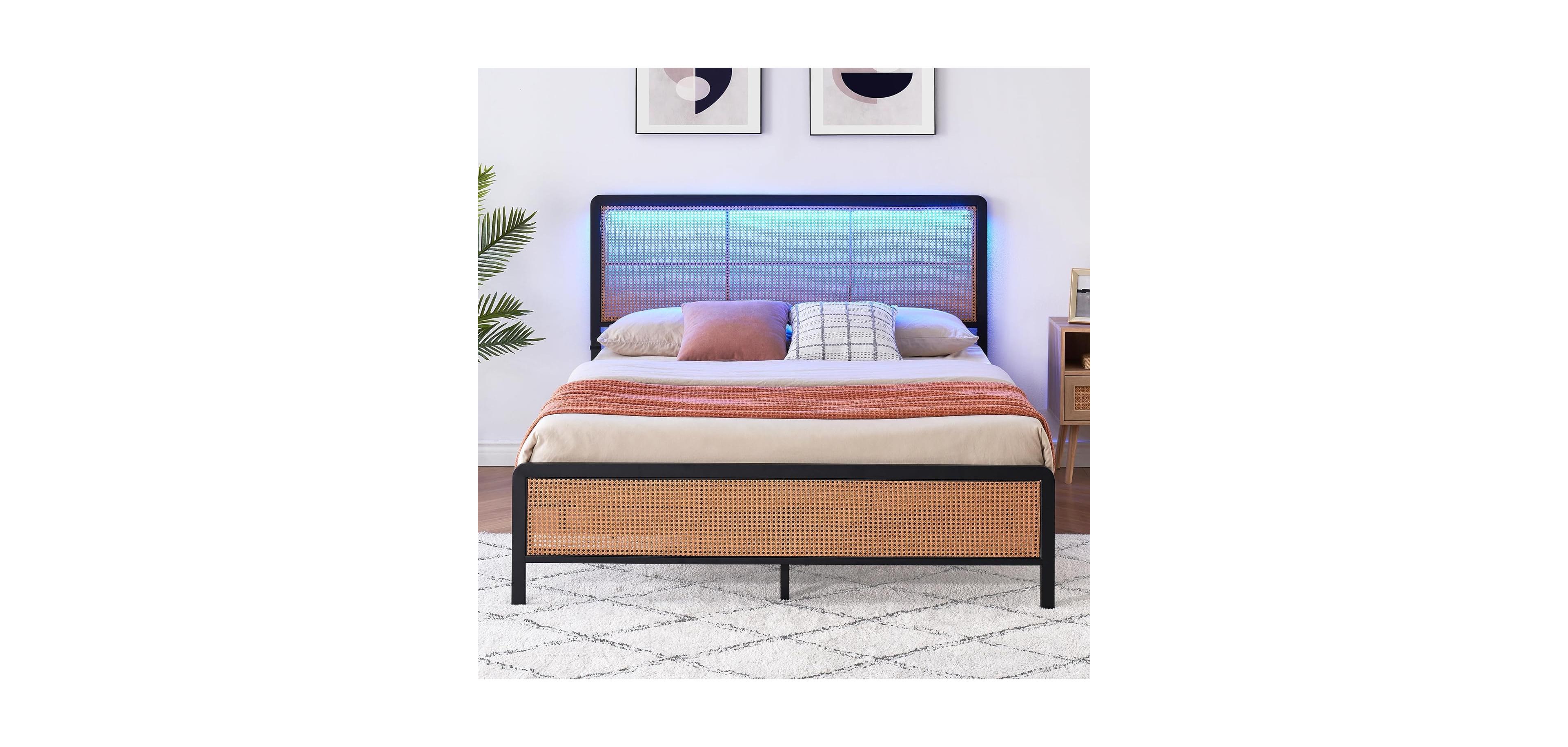 Gaomon Full Rattan Platform Bed Frame with Led Light Headboard