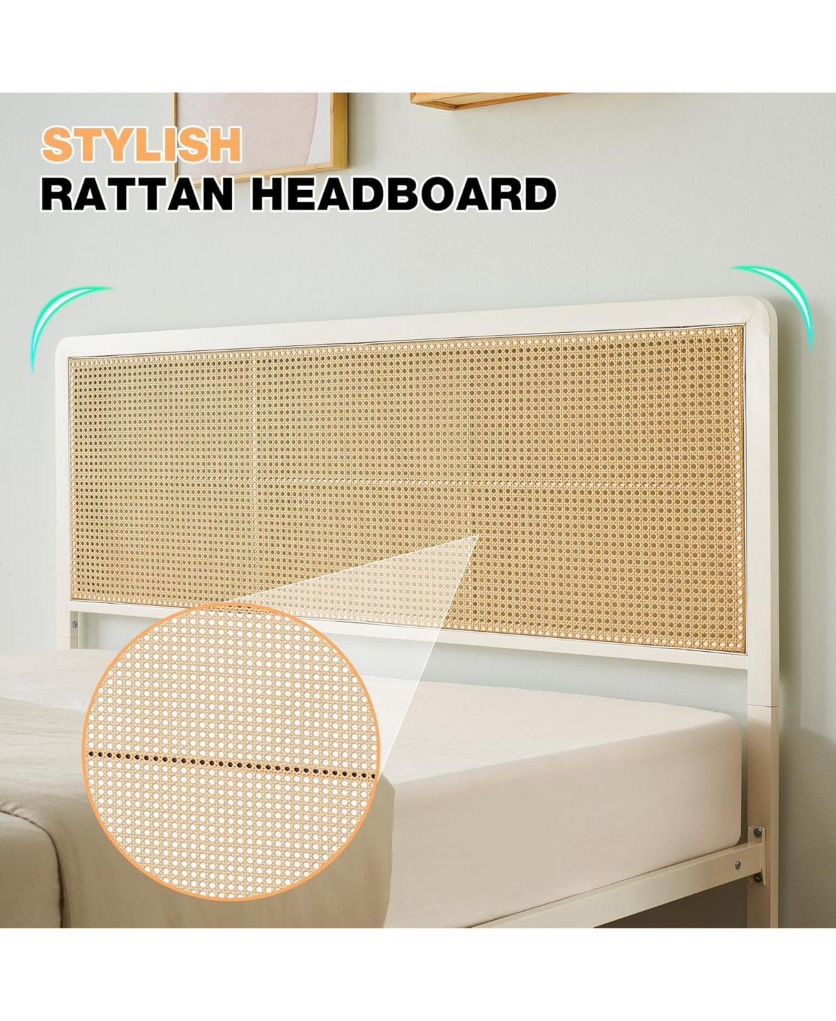 Gaomon Full Size Rattan Platform Bed Frame with Led Light Headboard, Modern Style Cane Boho Bed Frames with Sturdy Steel Slat Support