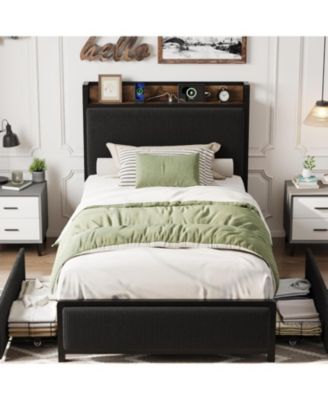 Twin Size Bed Frame with 2 storage drawers & charging station, rustic linen upholstered platform bed with storage headboard, noise-free