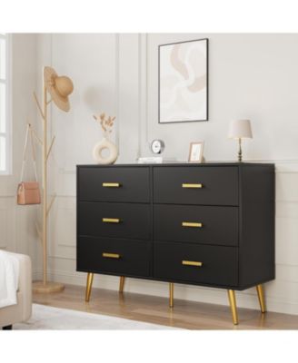 6 Drawer Dresser, Modern Wooden Chest of Drawers with Gold Handles, Deep Drawers for Bedroom, Living Room and Entryway