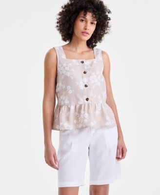 Women's Linen Square-Neck Peplum Top