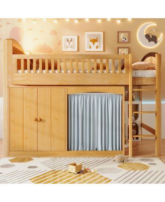 Loft Bed with Storage Cabinet, Wardrobe & LED Wood Espresso