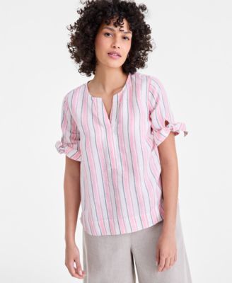 Women's 100% Linen Split-Neck Tie-Cuff Top