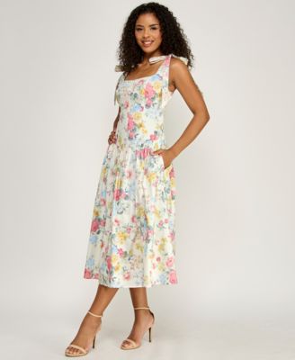 Juniors' Square Neck Printed Poplin Dress