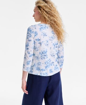 Women's Linen Blend Boat-Neck 3/4-Sleeve Top