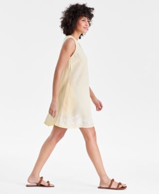 Women's 100% Linen Embroidered-Hem Sleeveless Dress