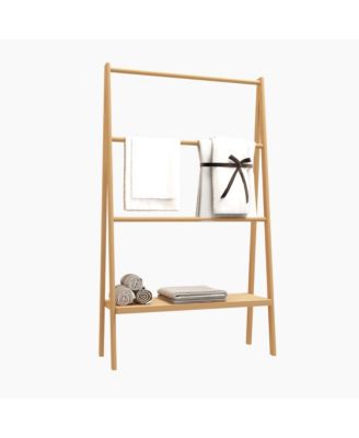 Bamboo Ladder Towel Rack - Freestanding Towel Stand, Blanket Holder with Storage Shelf for Bathroom and Living Room