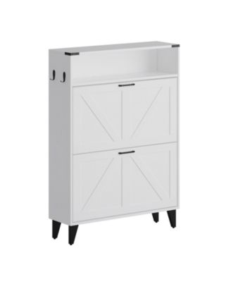 Entryway Shoe Cabinet - 2 Flip Drawers + Open Shelf with Hooks & Metal Handle Organizer