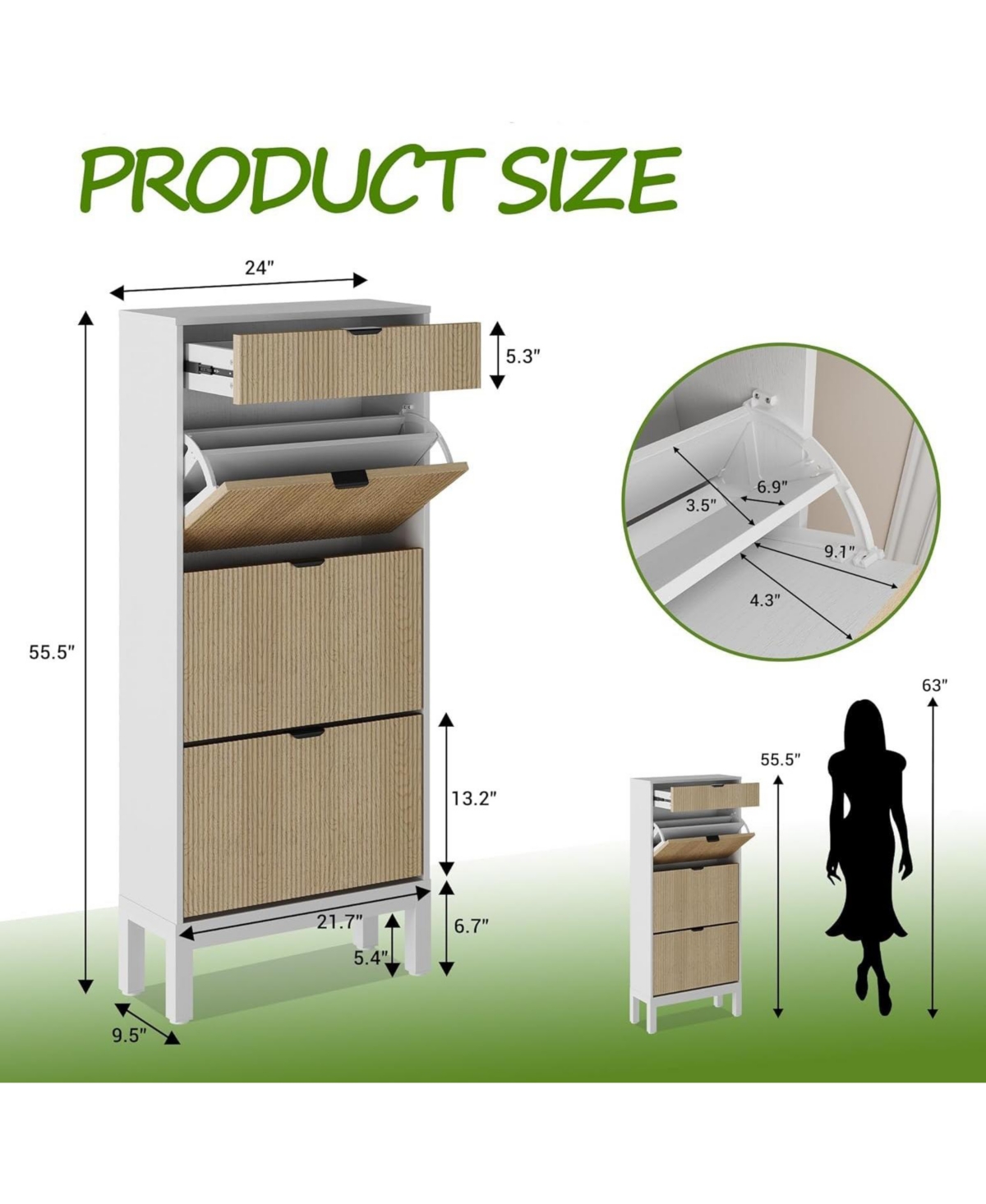 gaomon Entryway Freestanding Shoe Cabinet, 3 Flip Fluted Doors + 1 Drawer Shoe Organizer