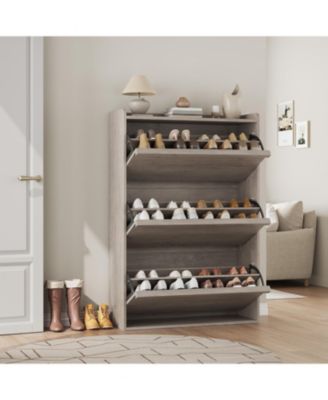 Freestanding Shoe Cabinet - 3 Flip Drawers + Drawer Adjustable Wooden Entryway Organizer