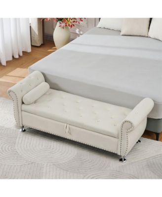 62.2 Inch Soft Velvet Storage Bench with Crystal Buttons and 1 Pillow, for Bedroom and Living Room