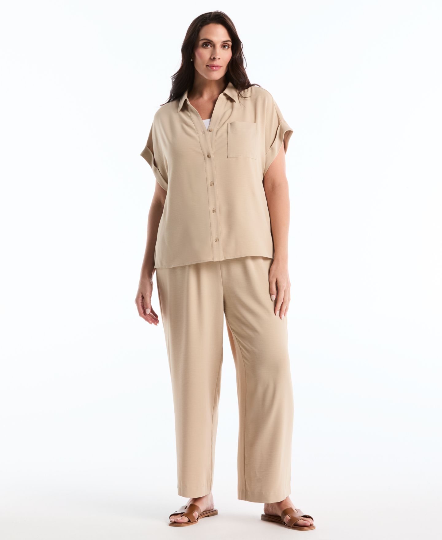 Женская рубашка Rafaella Plus Size Roll Short-Sleeve, цвет: Humus — фото 2