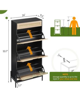 Modern Rattan 3 Flip Door Shoe Cabinet - Freestanding Entryway/Hallway Storage Organizer