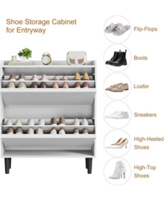 Freestanding Shoe Cabinet - 2 Flip Drawers + Drawer Adjustable Wooden Entryway Organizer